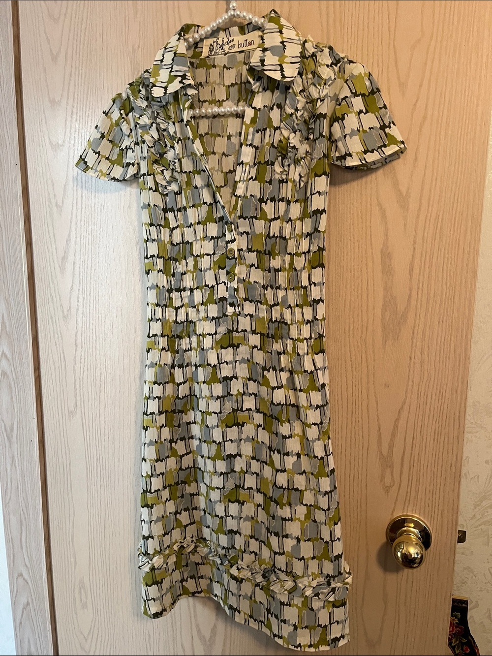 Button  Olive, White & Black Printed Midi Dress